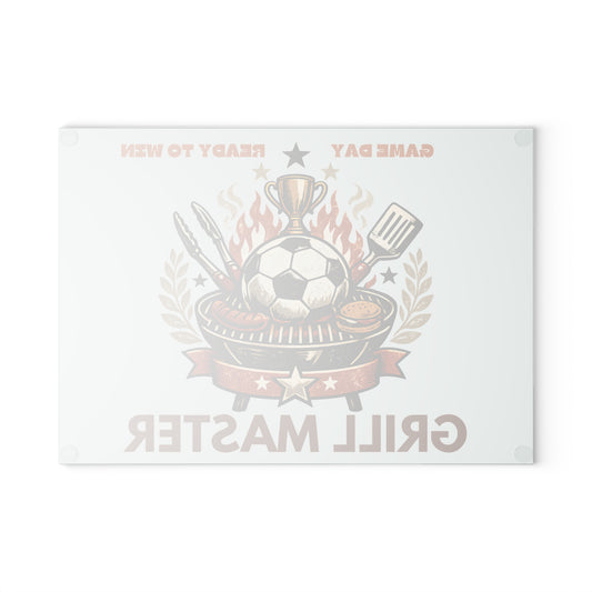 Grill Master Soccer Glass Cutting Board | Tempered Glass BBQ Cutting Board | Game Day Kitchen Decor & Serving Board