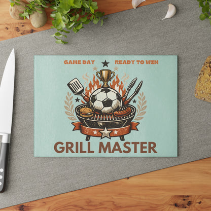 Grill Master Soccer Glass Cutting Board | Tempered Glass BBQ Cutting Board | Game Day Kitchen Decor & Serving Board