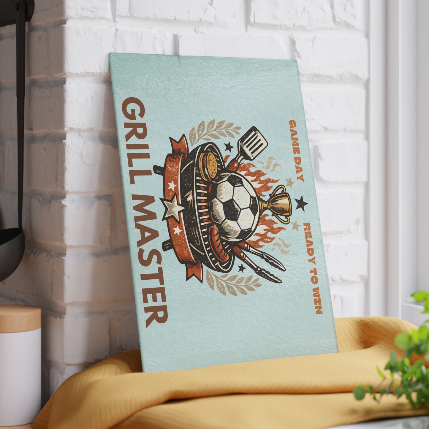 Grill Master Soccer Glass Cutting Board | Tempered Glass BBQ Cutting Board | Game Day Kitchen Decor & Serving Board