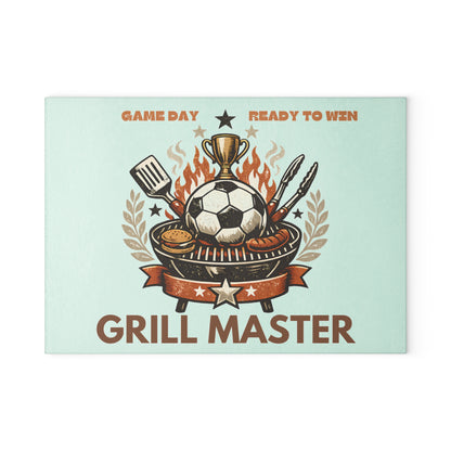 Grill Master Soccer Glass Cutting Board | Tempered Glass BBQ Cutting Board | Game Day Kitchen Decor & Serving Board
