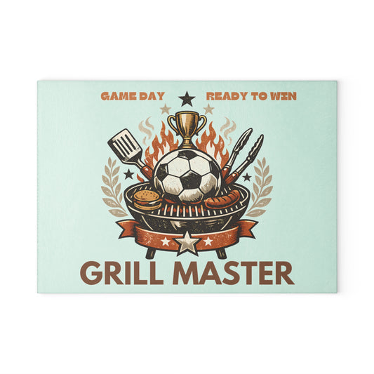Grill Master Soccer Glass Cutting Board | Tempered Glass BBQ Cutting Board | Game Day Kitchen Decor & Serving Board